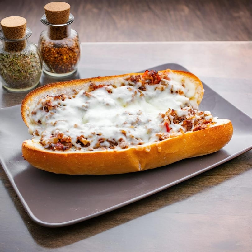 A cheesy steak and cheese sub on a gray plate, with spice shakers in the background.